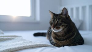 verweiste braun getiegerte katze liegend mit eingezogenen pfoten liegt auf dem bett