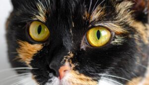 nahaufnahme von einer dreifarbigen katze mit gelb grünen augen
