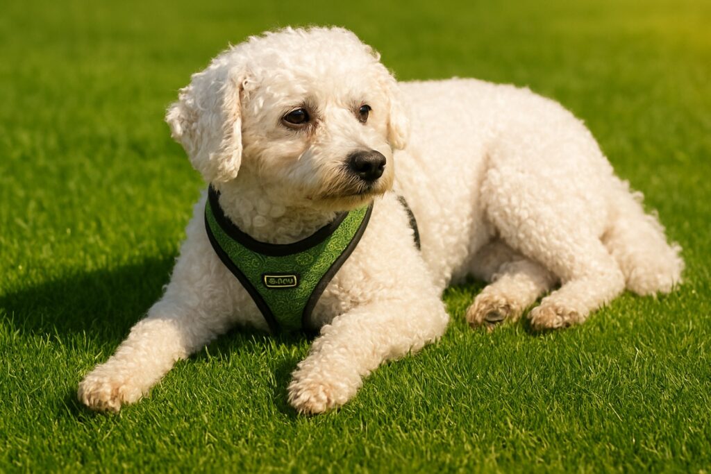 weißer hund mit grünem geschirr pudel